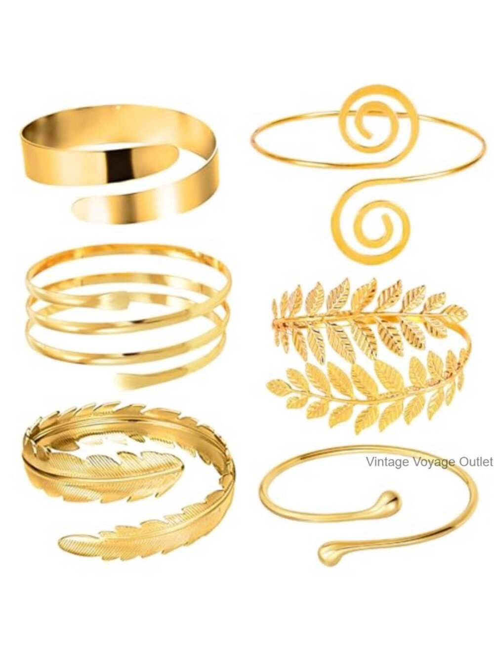 Gold Plated Leaf Arm Cuff Spiral Upper Arm Band Bracelet Set Adjustable